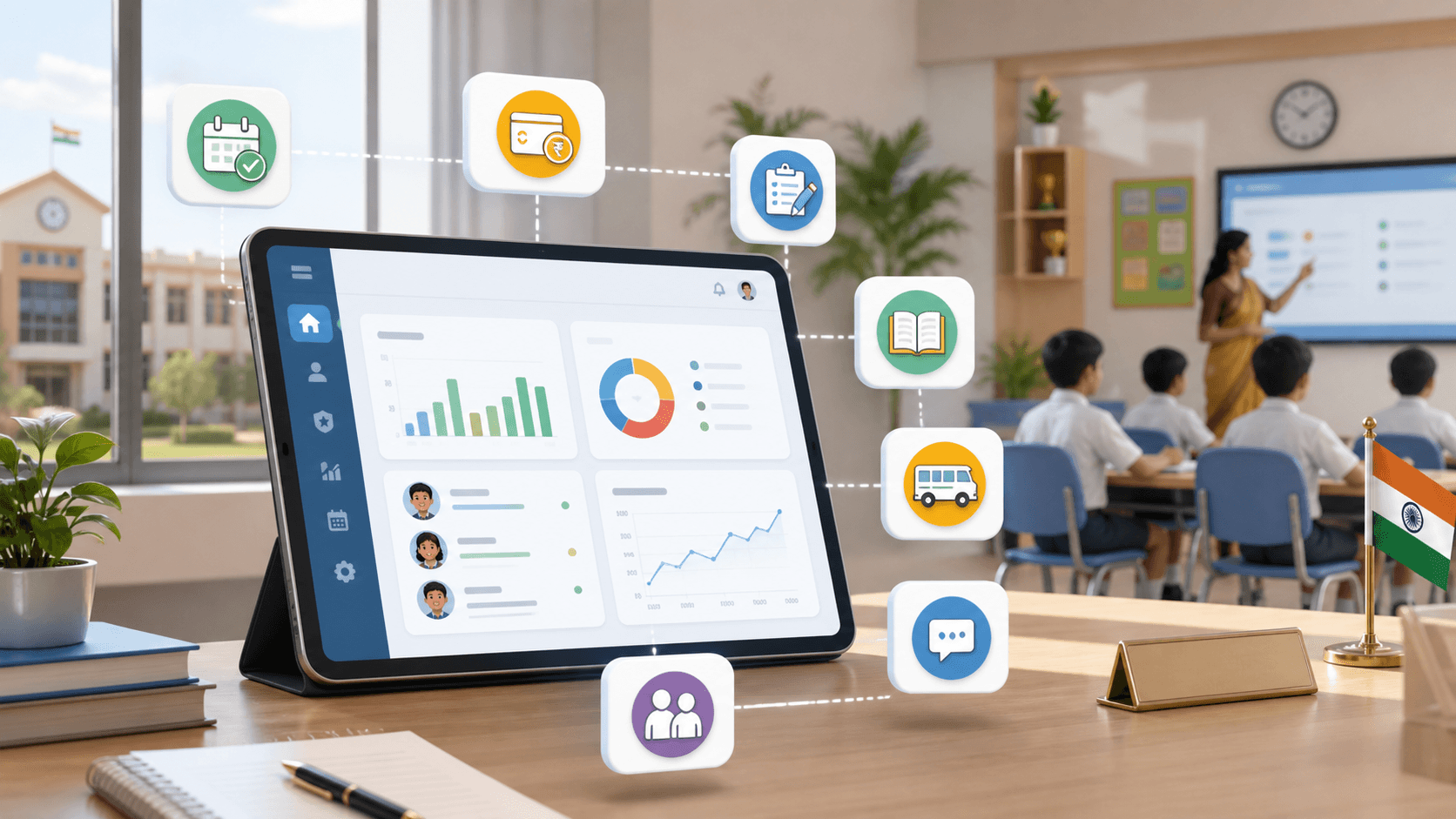 School ERP portal dashboard connected with school operations
