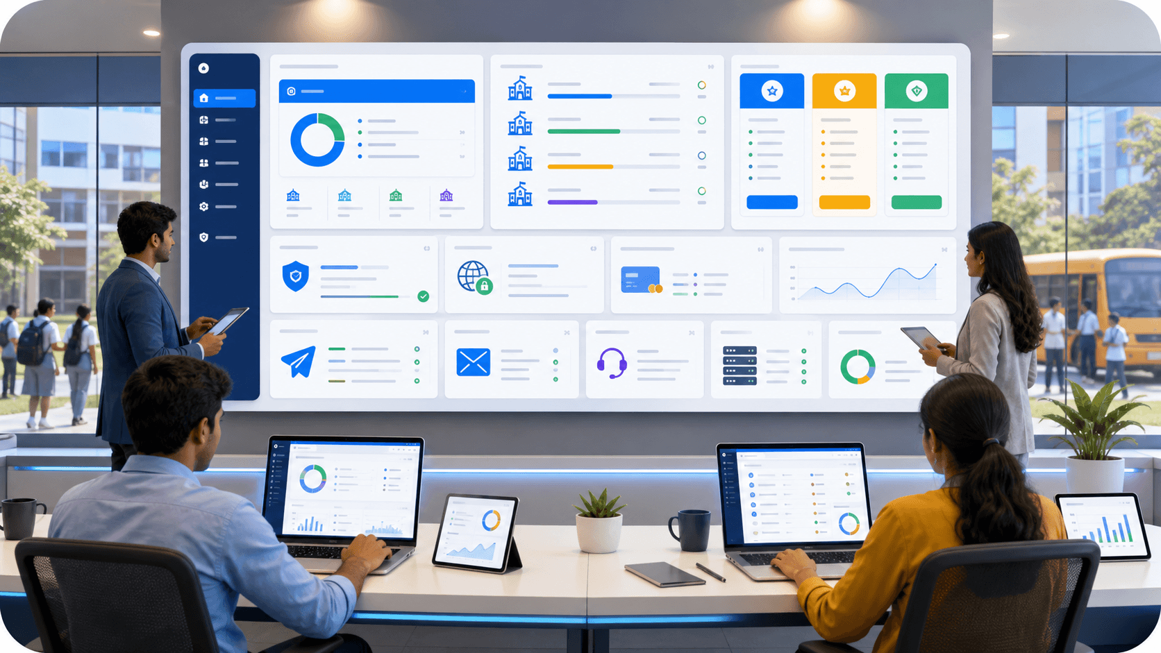 Complete SaaS layer for school ERP with platform admin, schools, billing, communication gateways and support