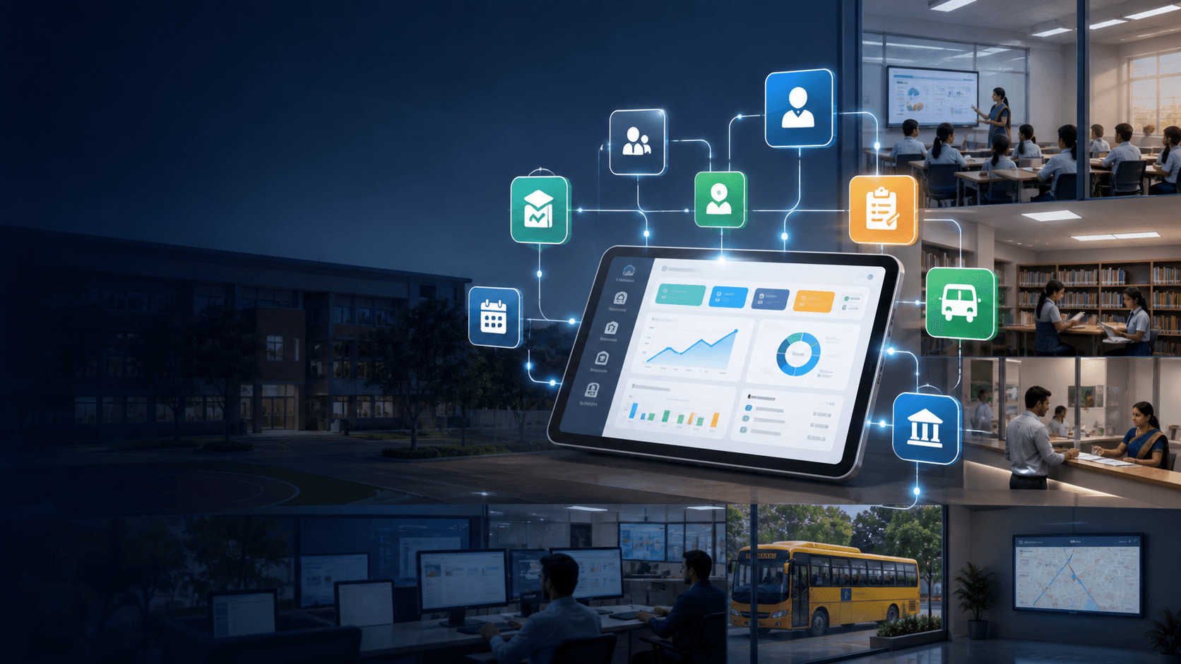 Connected school ERP modules across academics, finance, library and operations